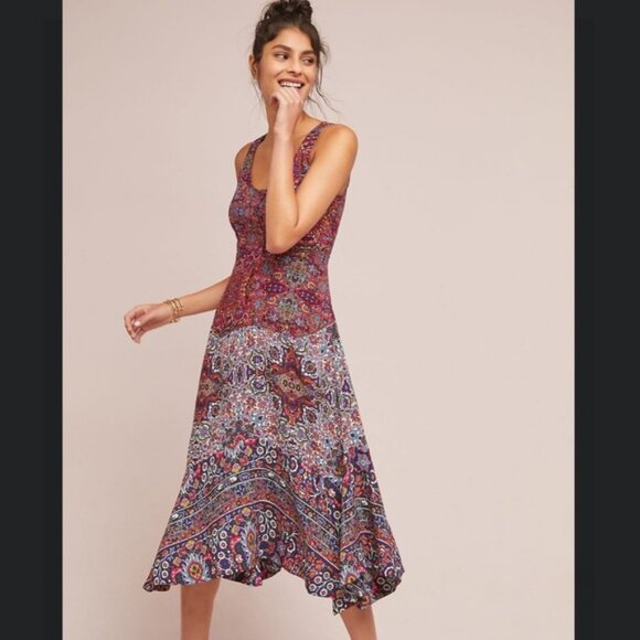 Maeve Dresses & Skirts - Maeve Anthropologie Violette Dress Midi Mixed Print Hanky Hem Tank Flare Size 4